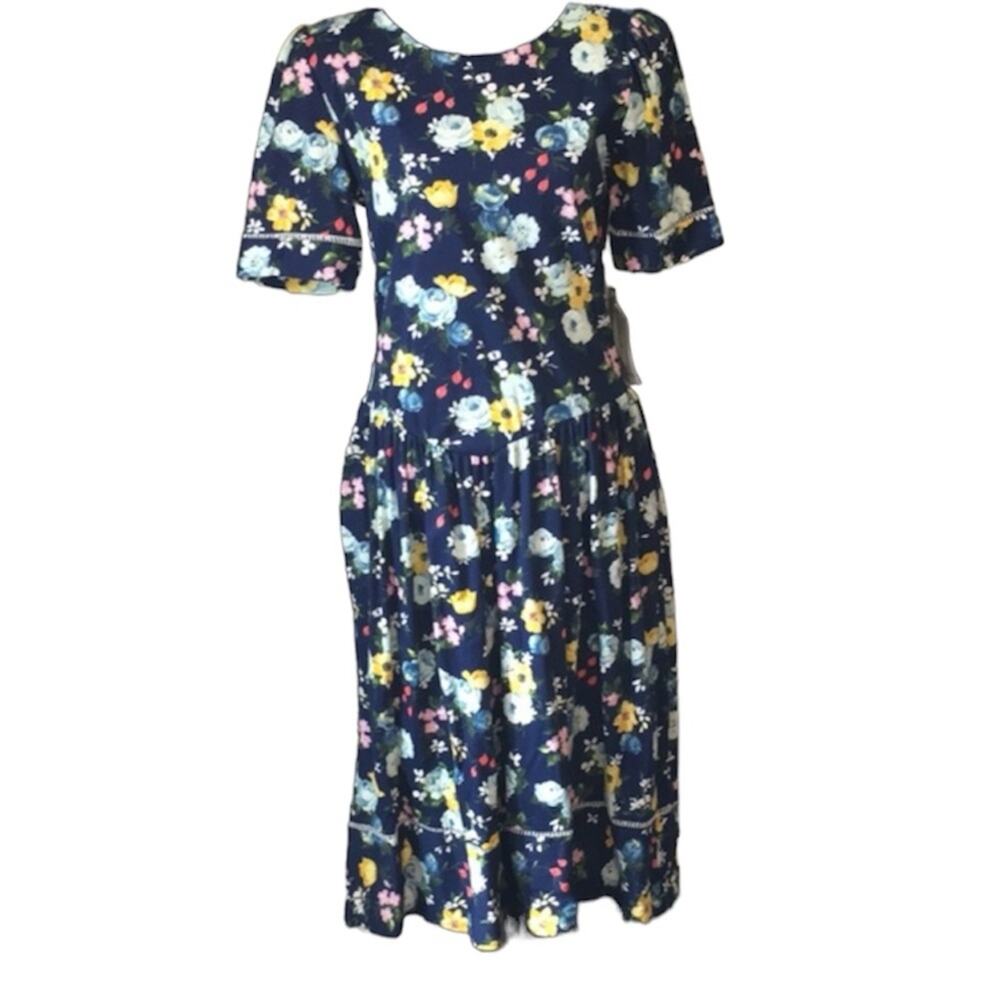 Deadstock Vintage Another Thyme Navy Floral Drop Waist Midi Dress Size 10